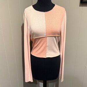 Blue Blush Two-Tone Pink Ribbed Fitted Cropped Long Sleeve Top